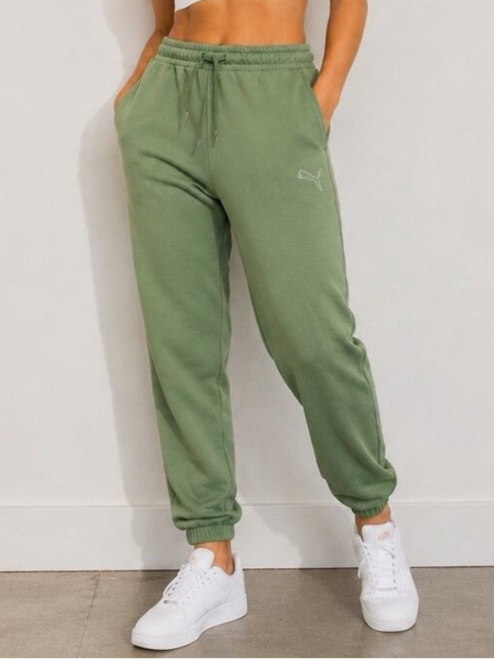 Puma Women's Sage Green Fleece Joggers Drawstring Sweatpants Sz L